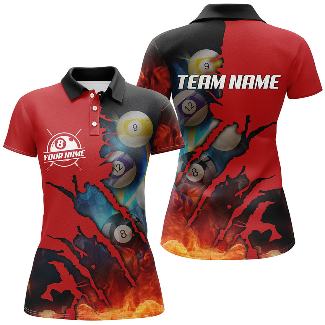 Custom Red Billiard Balls Scratches 3D Fire Personalized Name Women Polo Shirts Custom Pool Player Shirts