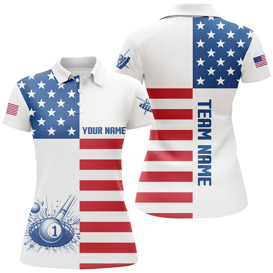 Custom Personalized American Flag Billiard Polo Shirts Custom Name Patriotic Pool Player Shirts For Women