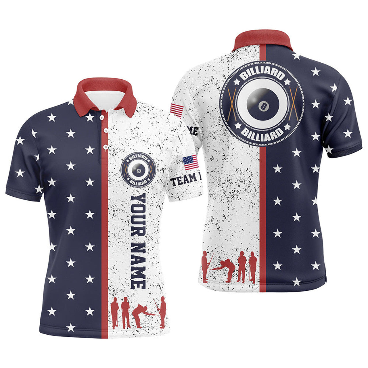 Customized Patriotic USA Flag Custom Billiard Polo Shirts For Men, Patriotic Billiard Team Shirts