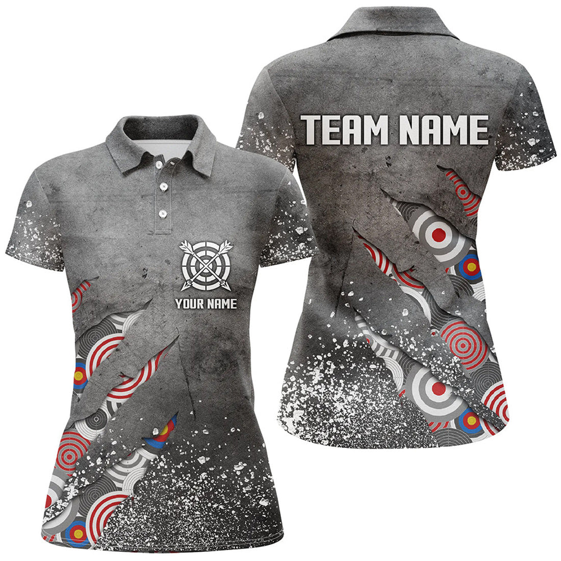Custom Archery Target Pattern Grey Grunge Women Polo Shirts Best Custom Team Name Archery Jerseys