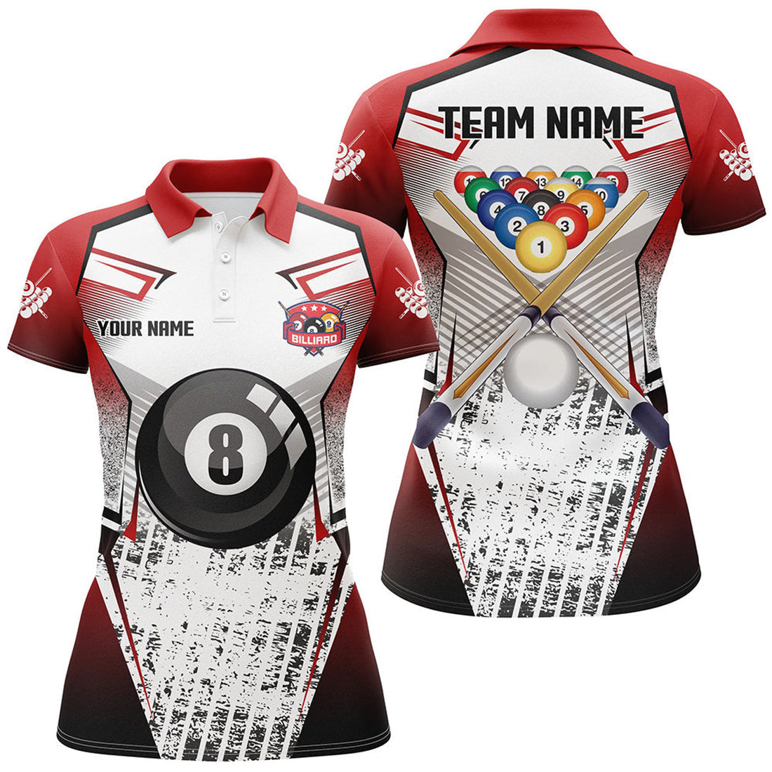 Custom Personalized Billiard Balls And Cue Red Grunge Style Women Polo Shirts Custom Billiard Jerseys Sport