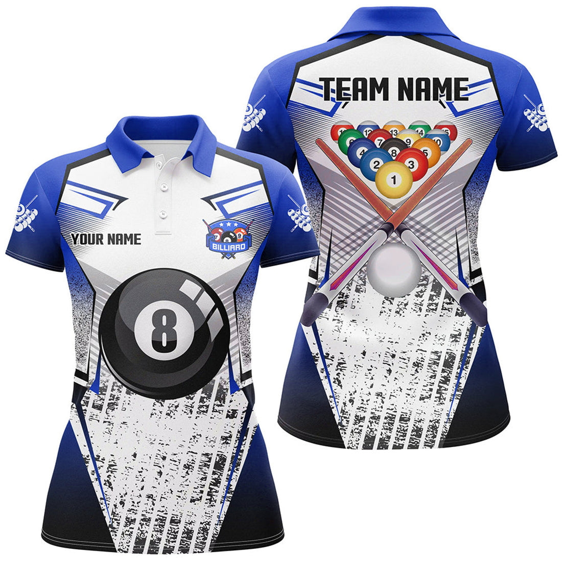 Custom Personalized Billiard Balls And Cue Blue Grunge Style Women Polo Shirts Custom Billiard Jerseys Sport