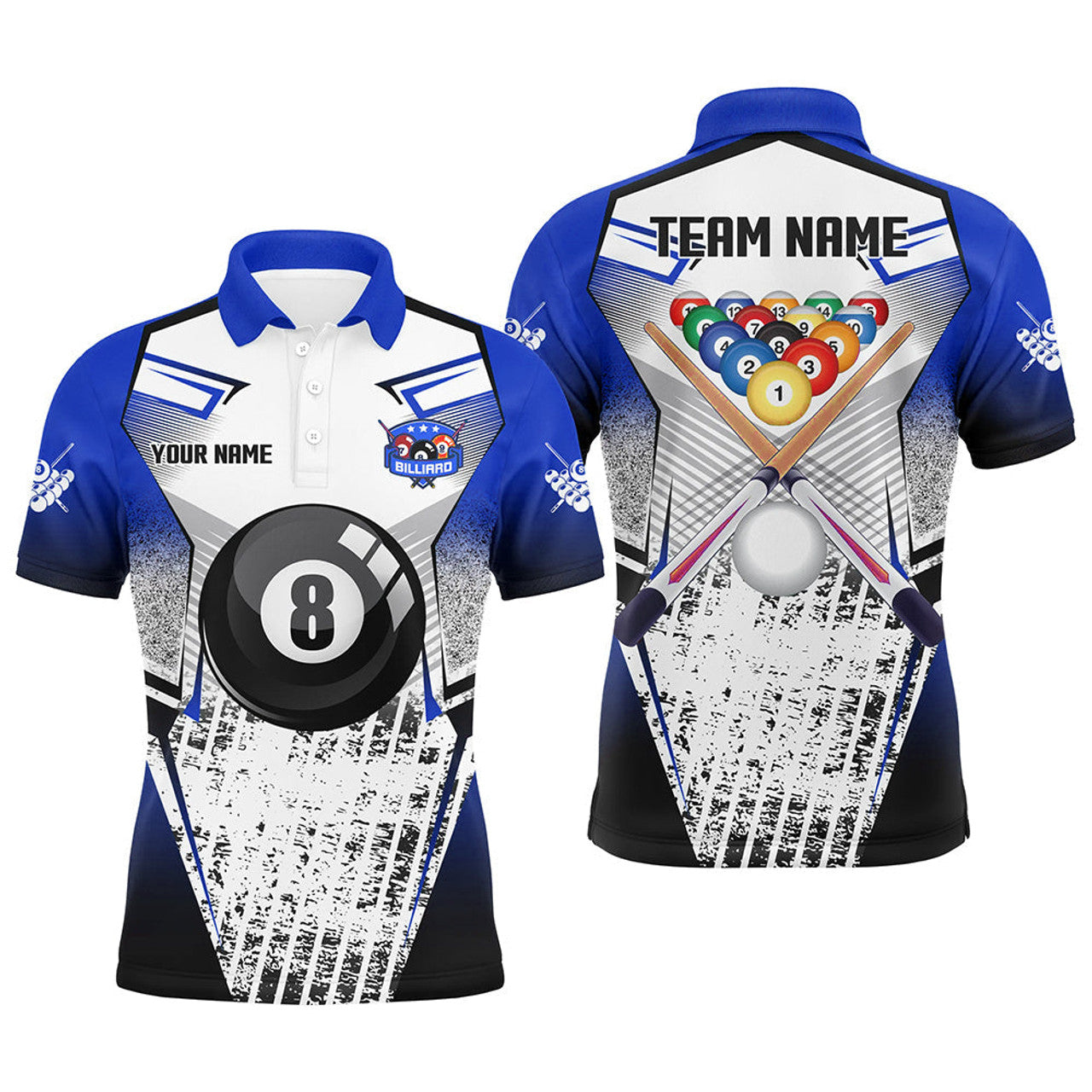 FUNSTUFFPRINT Personalized Billiard Balls And Cue Blue Grunge Style Men Polo Shirts Custom Billiard Polo Shirt Size S-5XL