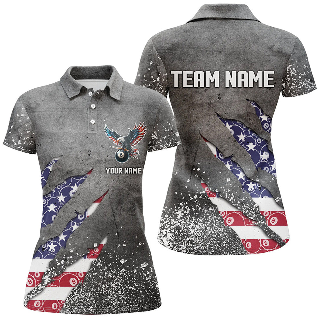 Customized Ball 8 US Flag Grey Grunge Billiard Polo Shirts For Women Best Billiard Team Jersey