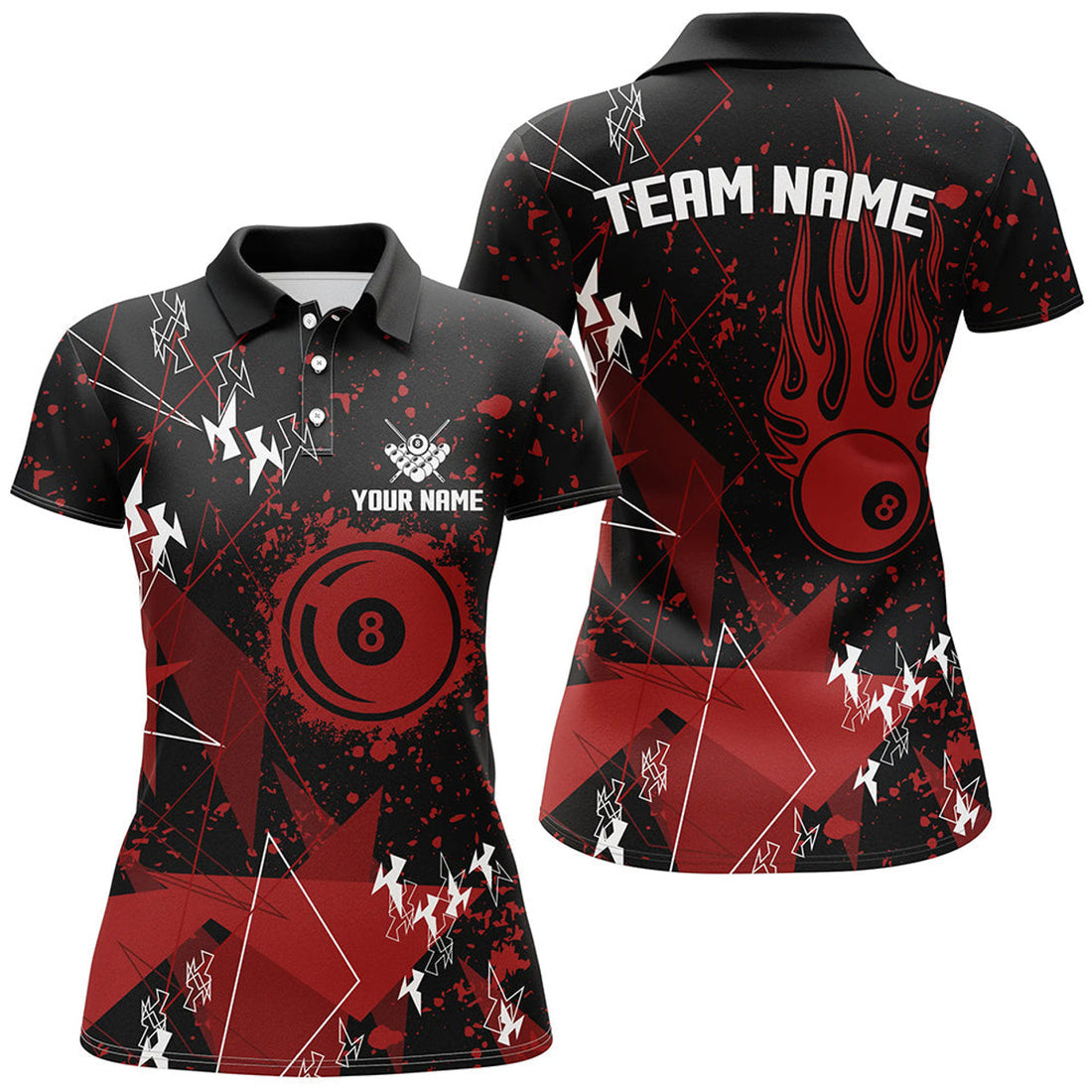 Custom Personalized Red Grunge Billiard Women Polo Shirts, Best Custom Billiard Jerseys For Pool Player
