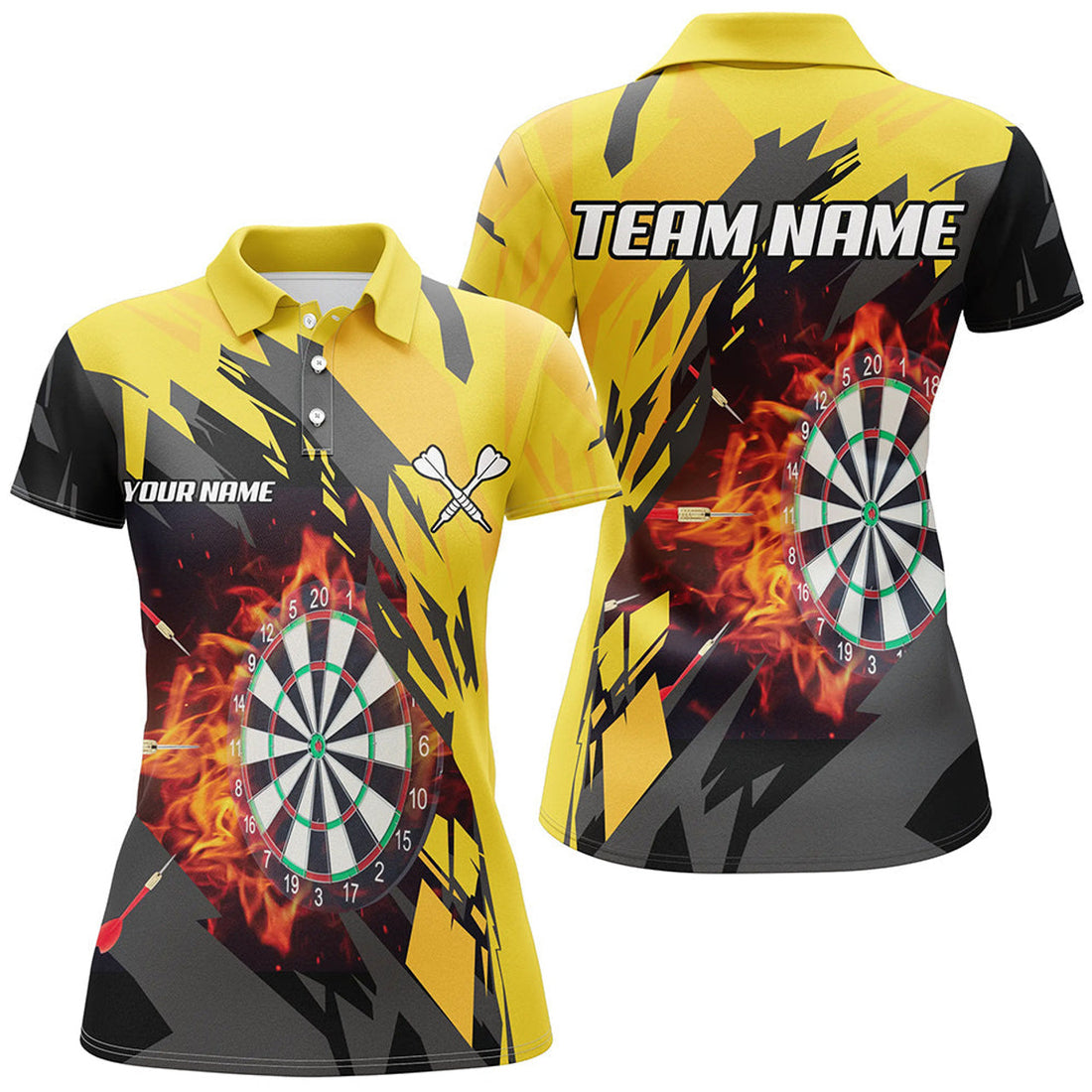 Custom Personalized 3D Darts Board Fire Flame Women Darts Polo, Yellow Darts Team Jersey