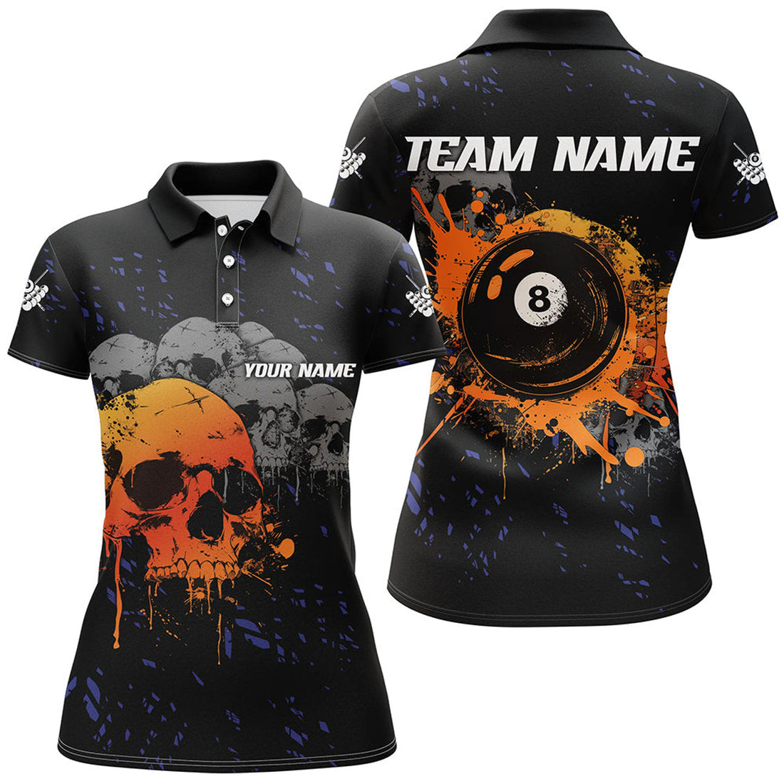 Custom Grunge Orange Skull 8 Ball Pool Women Billiard Polo Shirts, Pool Player Shirts