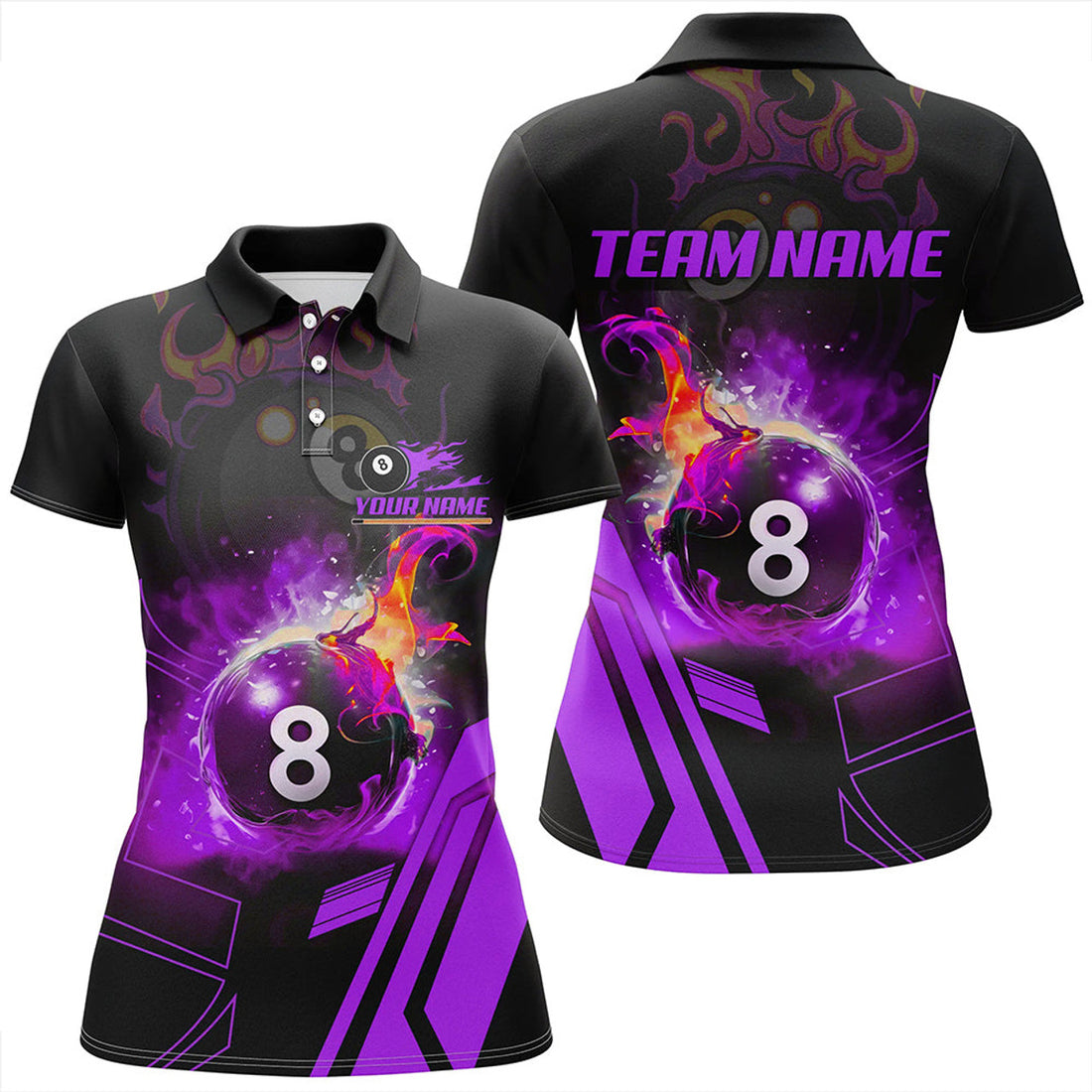 Custom Billiard 8 Ball Flame Purple Version 3D Printed Women Polo Shirt Best Custom Pool Team Jerseys Shirts