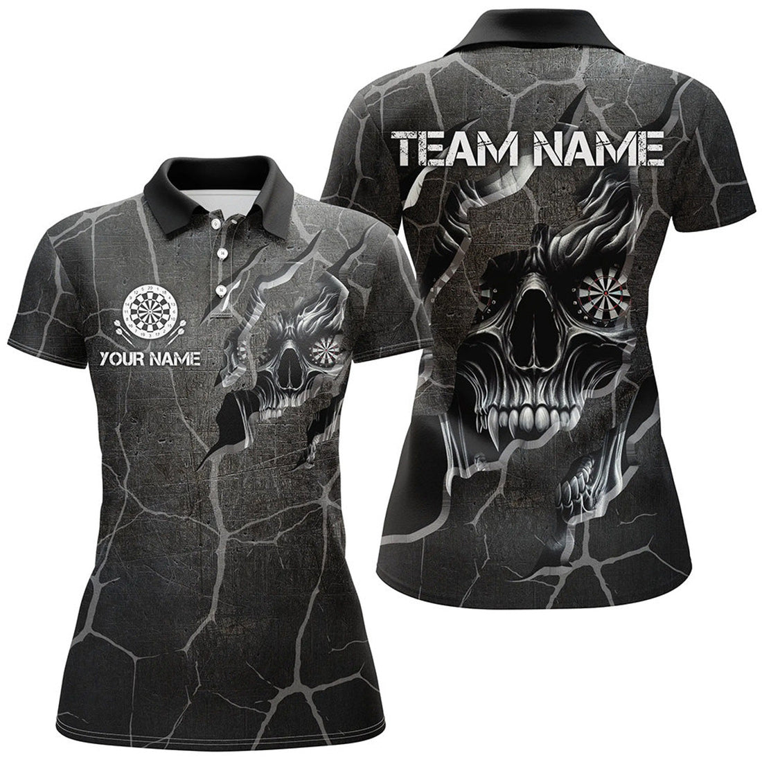 Custom Personalized Skull Black Grunge Darts Polo And s For Women Custom Darts Team Jerseys