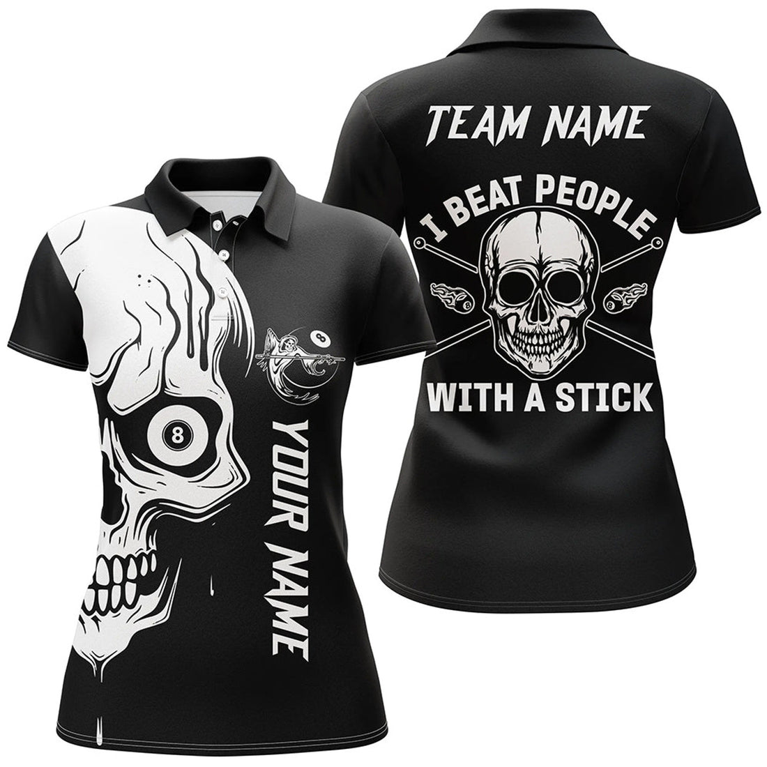 Custom White Skull Billiard I Beat People With A Stick Personalized Name Polo Shirts For Women