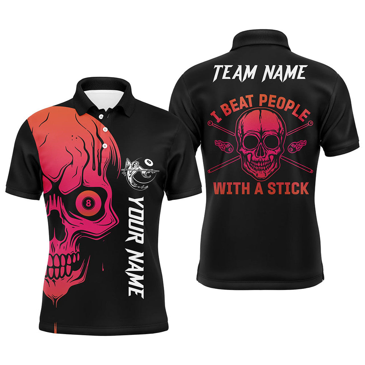 FUNSTUFFPRINT Custom Pink Skull Billiard I Beat People With A Stick Personalized Name Polo Shirt Size S-5XL