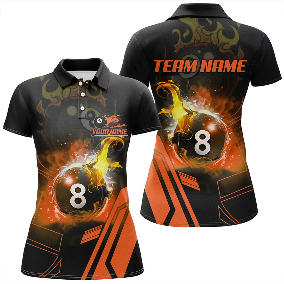 Custom Billiard 8 Ball Flame Orange Version 3D Printed Women Polo Shirt Best Custom Pool Team Jerseys Shirt