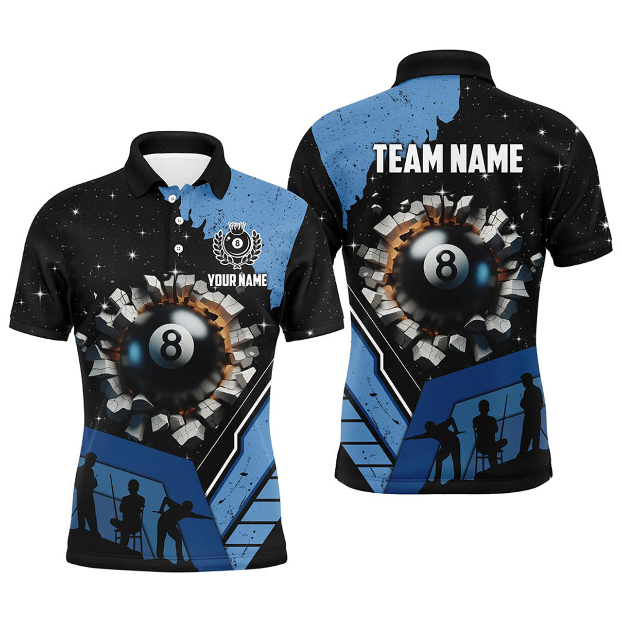 FUNSTUFFPRINT Personalized Blue Funny 8 Ball Pool Crack Men Polo Shirts Custom Team League Billiard Polo Shirt Size S-5XL
