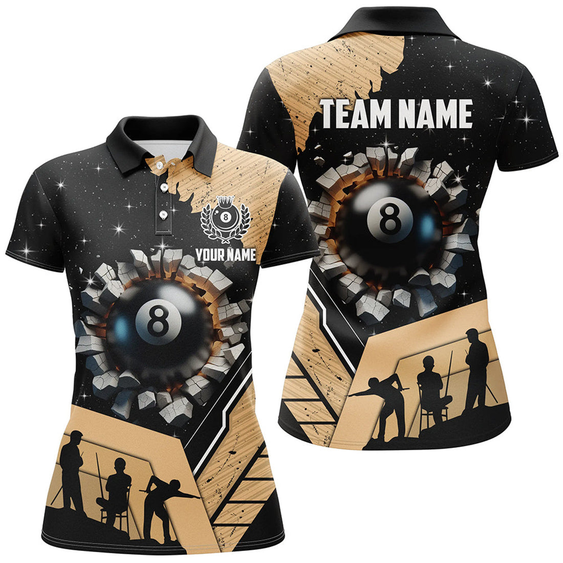 Custom Personalized Gold Funny 8 Ball Pool Crack Women Polo Shirts Custom Team League Billiard Jersey