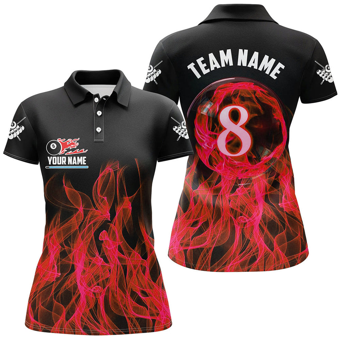 Custom Red Flaming 8 Ball Pool Custom Women Billiard Polo & Shirts, 3D Pool Player Shirts Jerseys