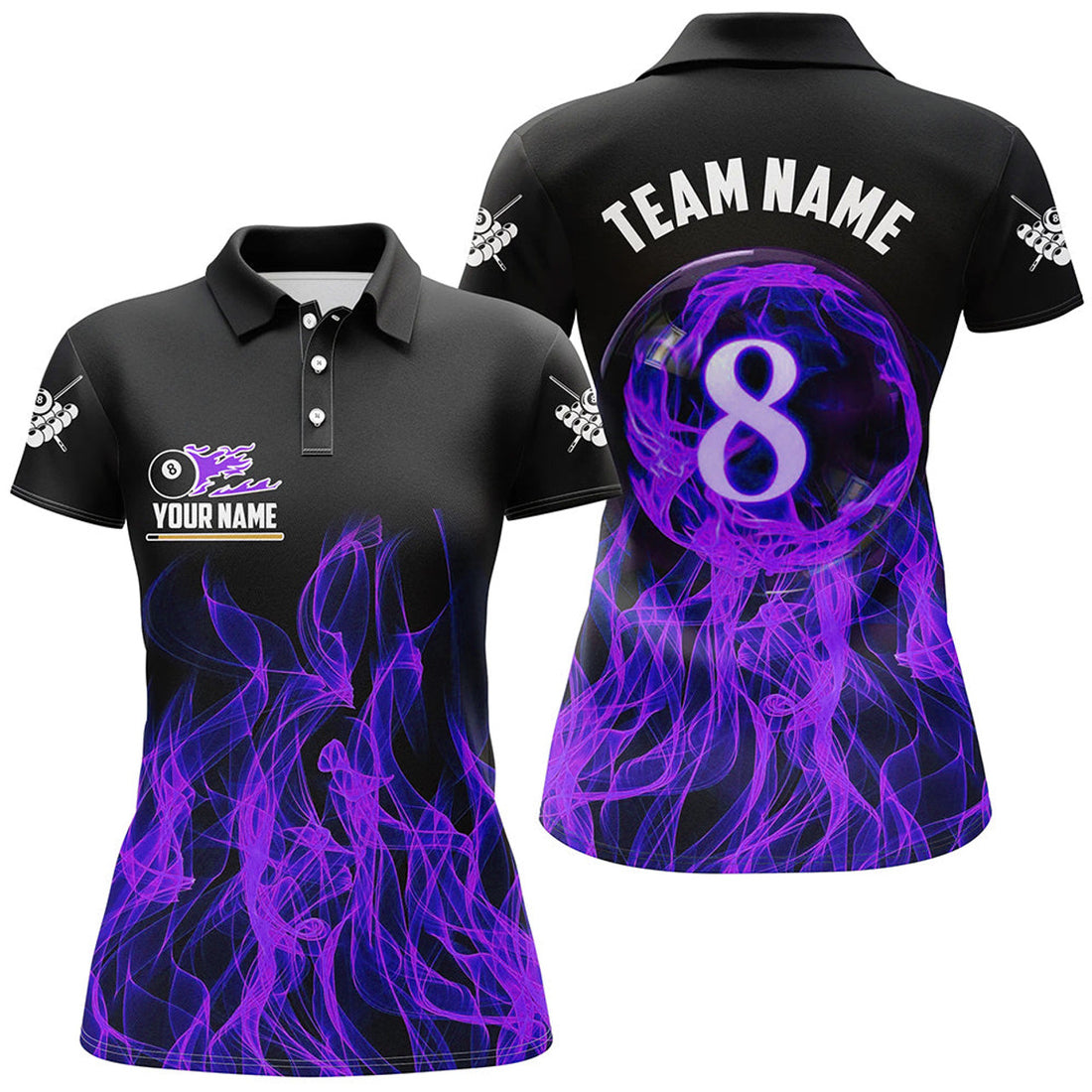 Custom Purple Flaming 8 Ball Pool Custom Women Billiard Polo & Shirts, 3D Pool Player Shirts Jerseys