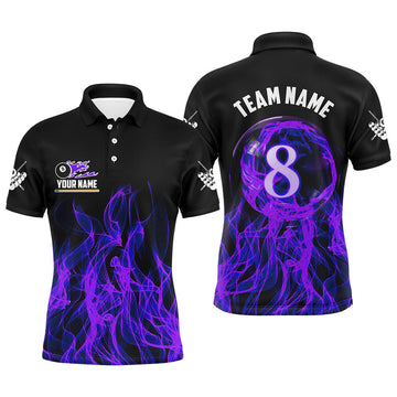 FUNSTUFFPRINT Purple Flaming 8 Ball Pool Custom Men Billiard Polo Shirt Size S-5XL