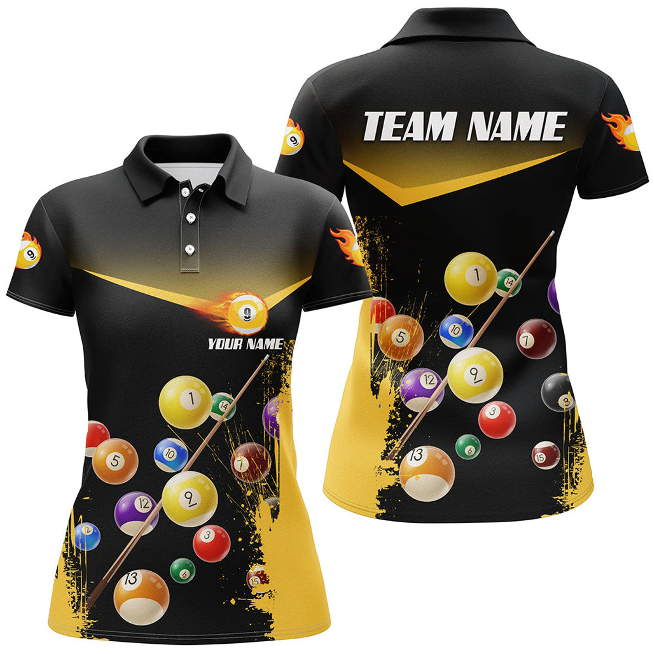 Custom Grunge Yellow 9 Ball Pool Women Polo Shirts Personalized Name 3D Billiard Shirts For Pooler