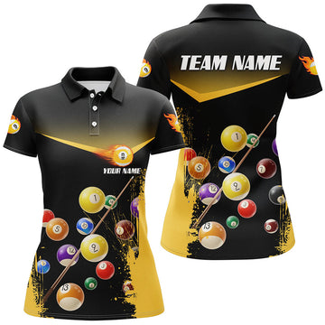 Custom Grunge Yellow 9 Ball Pool Women Polo Shirts Personalized Name 3D Billiard Shirts For Pooler
