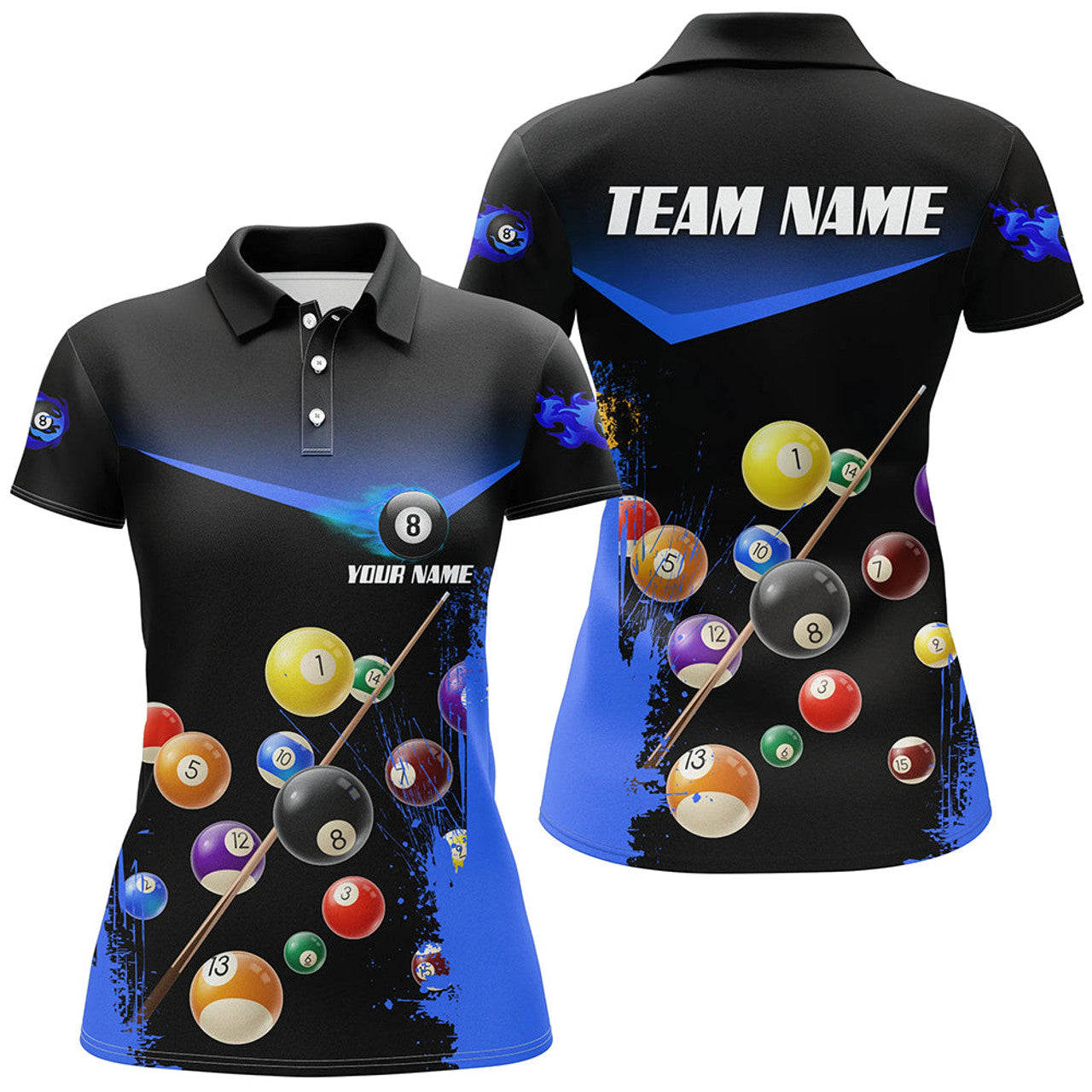 Custom Grunge Blue 8 Ball Pool Women Polo Shirts Personalized Name 3D Billiard Shirts For Pooler