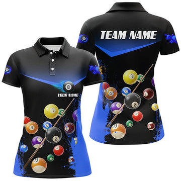 Custom Grunge Blue 8 Ball Pool Women Polo Shirts Personalized Name 3D Billiard Shirts For Pooler