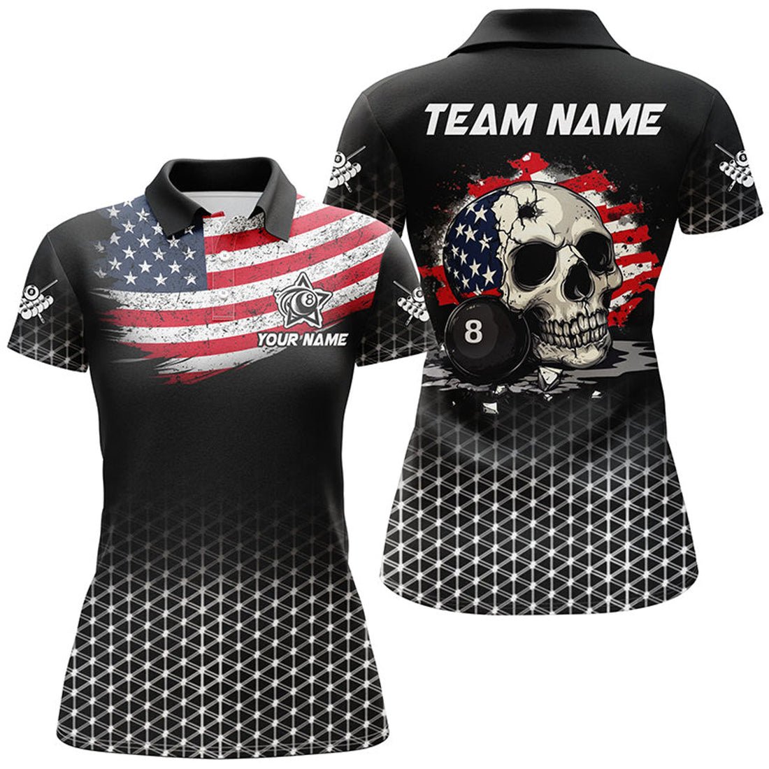Custom Personalized Patriotic Skull 8 Ball Billiard Shirts For Women Custom American Flag Billiard Jerseys