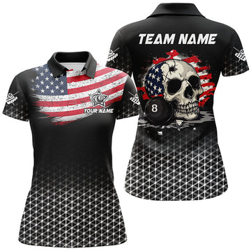 Custom Personalized Patriotic Skull 8 Ball Billiard Shirts For Women Custom American Flag Billiard Jerseys