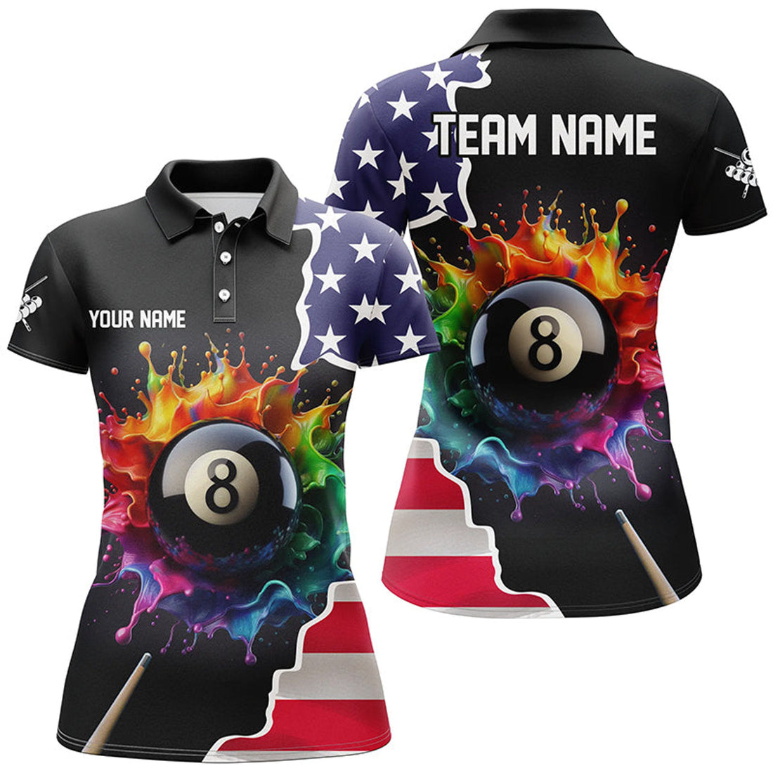 Custom Personalized Colorful Paint 8 Ball Pool Custom USA Flag Women Billiard Polo Shirts, Billiard Apparel