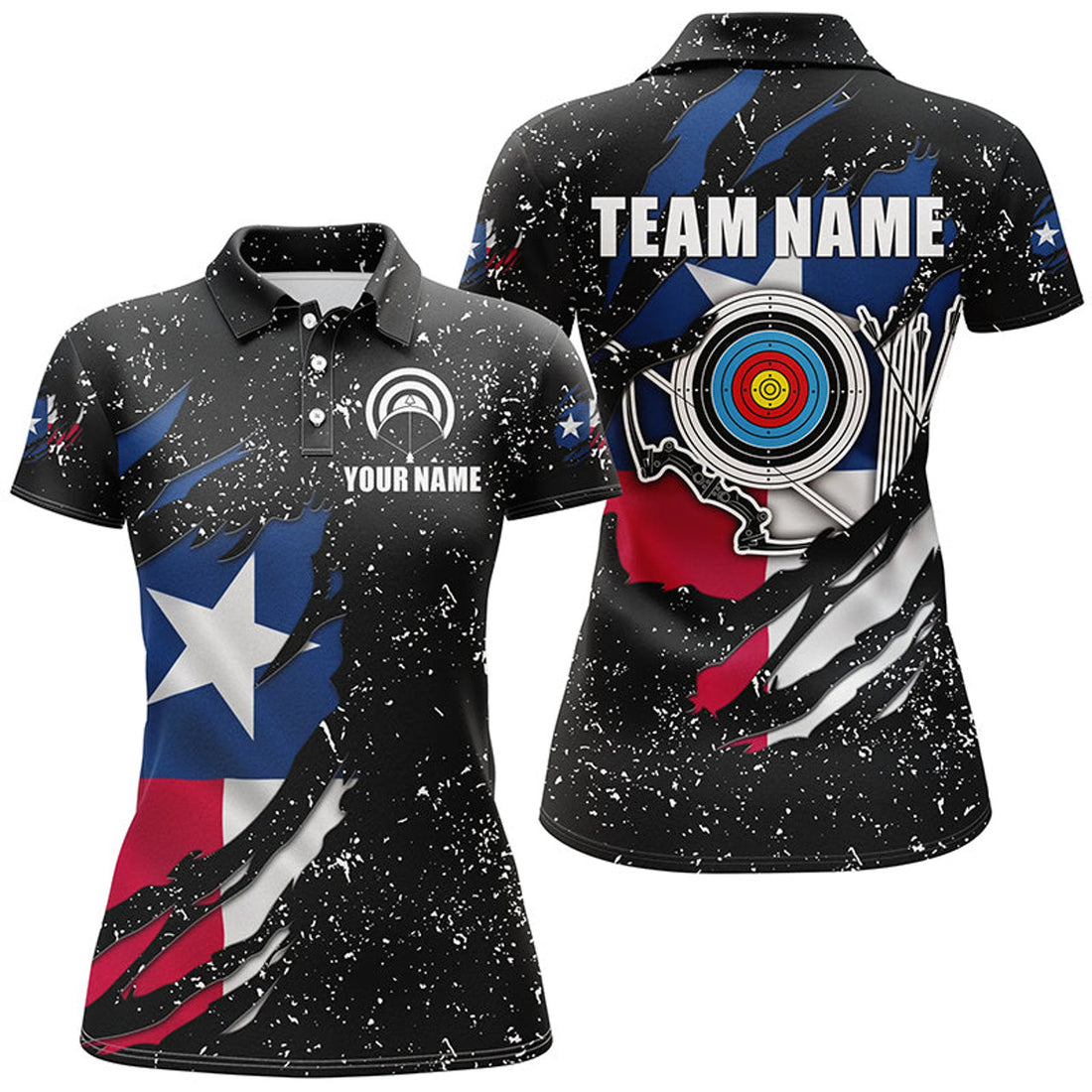 Custom Grunge Texas Flag Target Archery Sets Women Polo Shirts Custom Patriotic Archery Jersey Attire