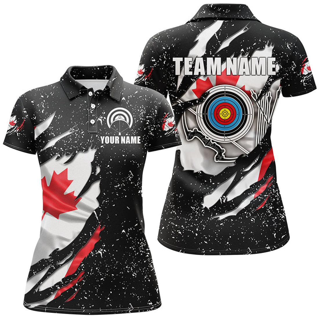 Custom Grunge Canada Flag Target Archery Sets Women Polo Shirts Custom Patriotic Archery Jersey Attire