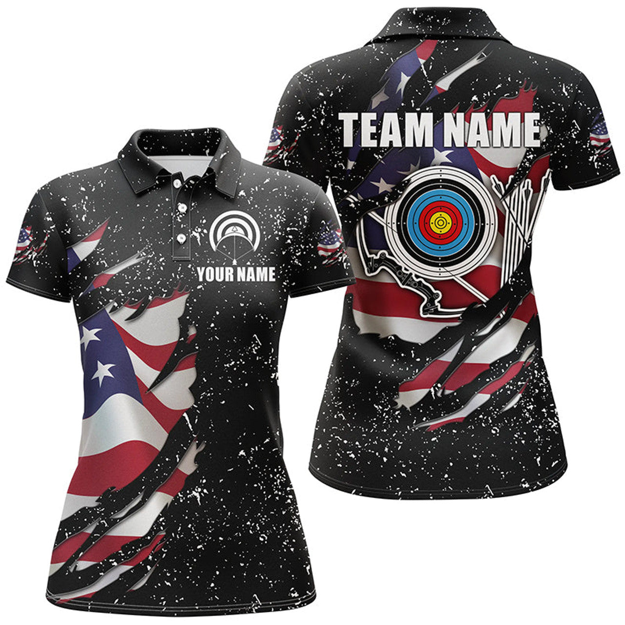Custom Grunge American Flag Target Archery Sets Women Polo Shirts Custom Patriotic Archery Jersey Attire
