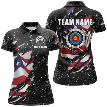 Custom Grunge American Flag Target Archery Sets Women Polo Shirts Custom Patriotic Archery Jersey Attire