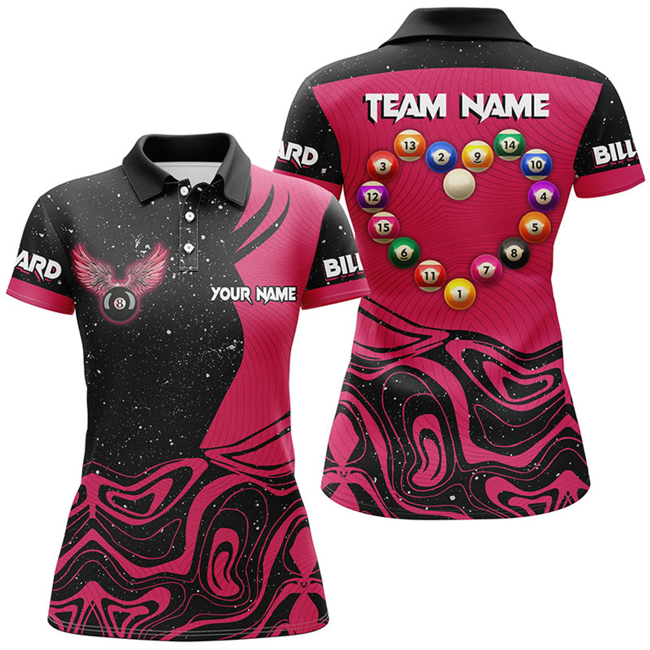 Custom Personalized Funny Billiard Balls Heart Custom Women Polo Shirts, Pink Billiard Jerseys