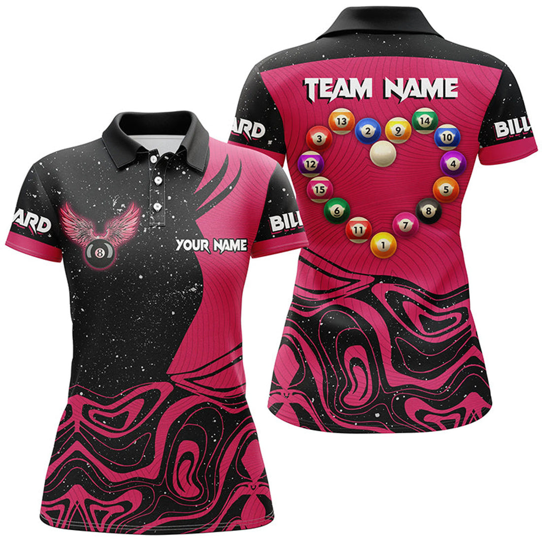 Custom Personalized Funny Billiard Balls Heart Custom Women Polo Shirts, Pink Billiard Jerseys