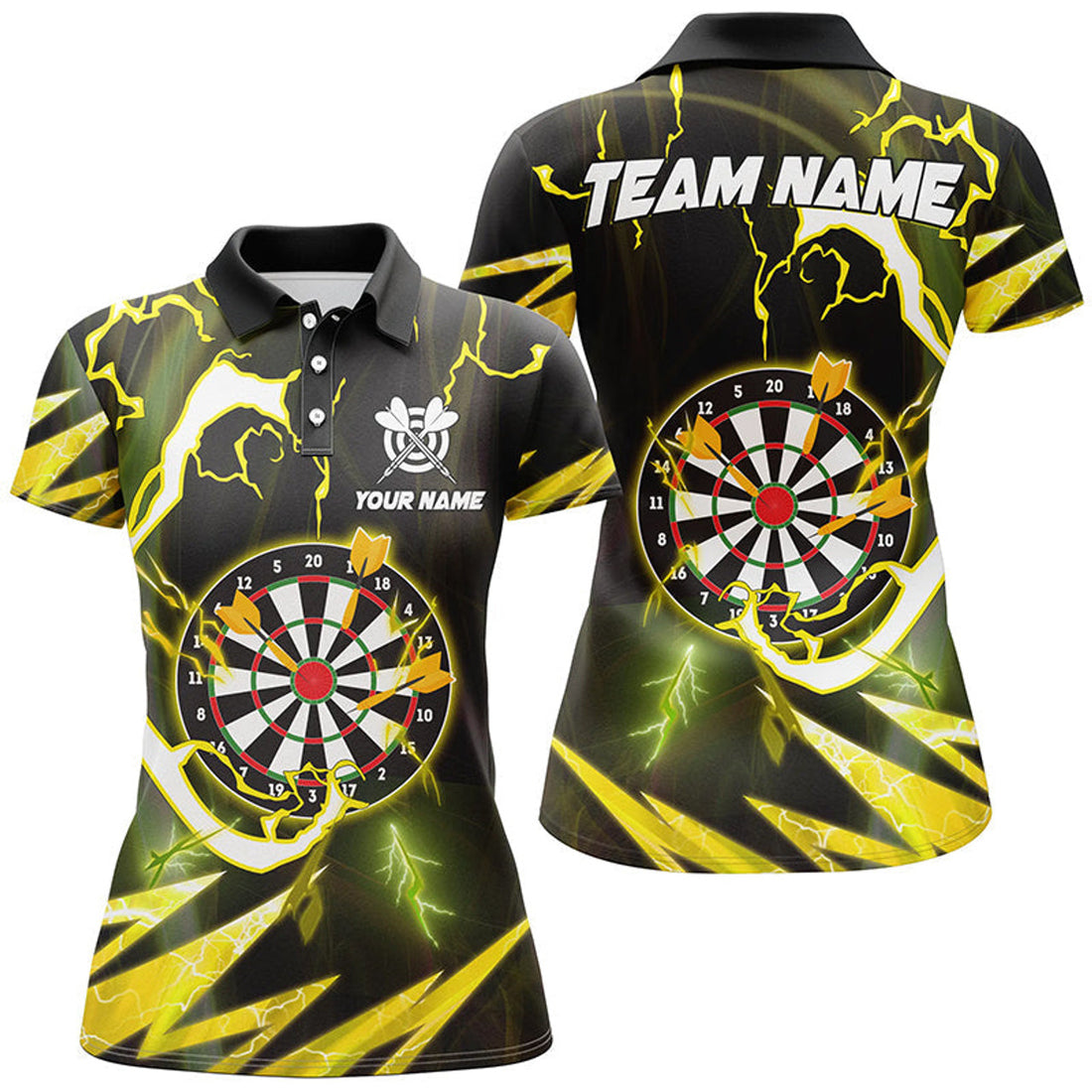 Custom Personalized Yellow Dart Board Thunder Lightning Dart Polo Shirts For Women Custom Dart Team Jerseys