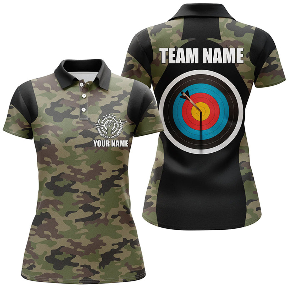 Custom Personalized Green Camouflage Archery Polo Shirts For Women, Best Gifts For Archery Team Player