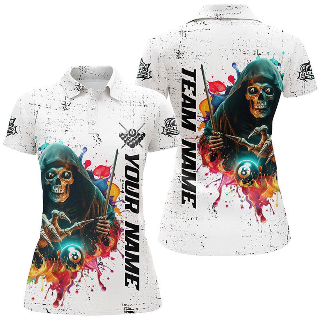 Custom Billiard Skeleton Colorful Grunge Style Personalized Women Polo Shirts, Best Billiard Attire Design