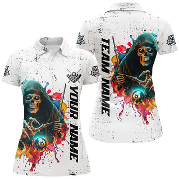 Custom Billiard Skeleton Colorful Grunge Style Personalized Women Polo Shirts, Best Billiard Attire Design