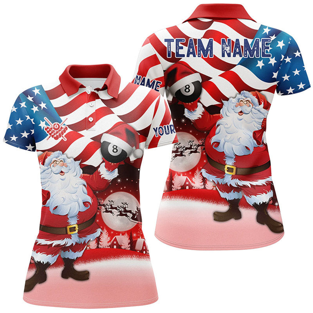 Custom Santa Holding Billiard 8 Ball Custom Name USA Flag Women Polo Shirts Best Christmas Shirt Idea Gifts