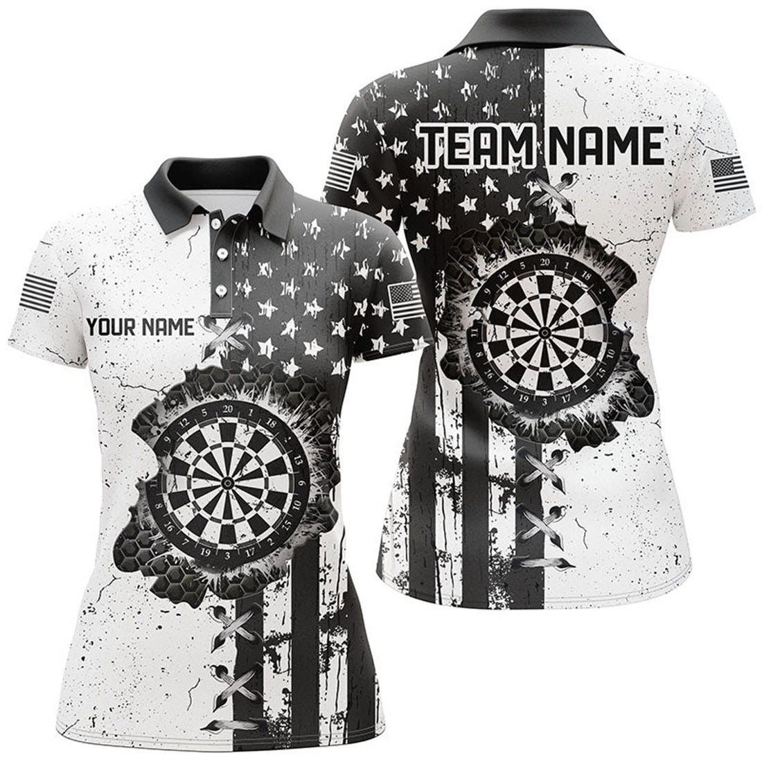 Custom Personalized Black White Grunge US Flag Darts Shirts For Women Custom Patriotic Retro Darts Jerseys