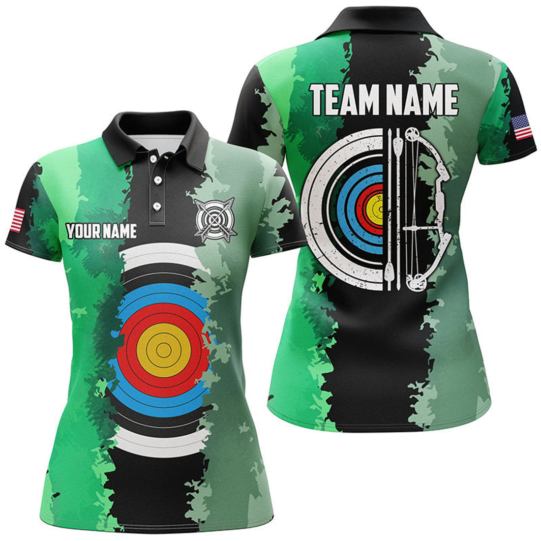 Custom Personalized Green Jerseys Archery Target 3D Women Polo Shirts Custom Team League Archery Shirts