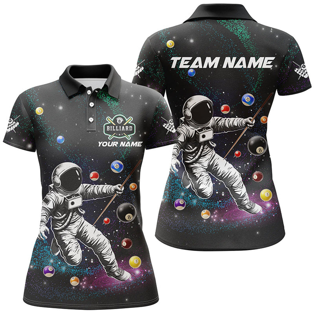 Custom Personalized Astronaut Playing Billiard 3D Printed Women Polo Shirts Custom Funny Billiard Apparel