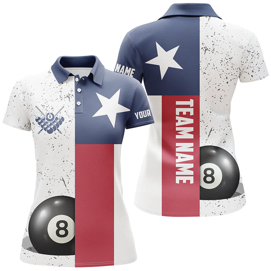 Custom Personalized Grunge Texas Flag Billiard Women Polo Shirts Custom Patriotic Billiards Apparel Clothing