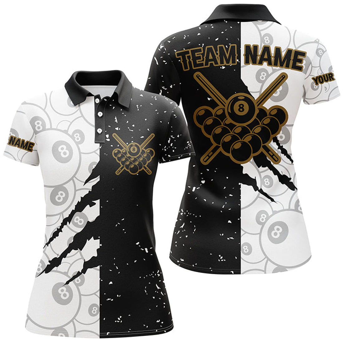 Custom Grunge Black White 8 Ball Pool Billiard Women Polo Shirts, 8 Ball Billiard Apparel Clothing
