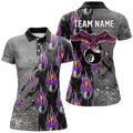 Custom Ball 8 Flame Grey Grunge Billiard Polo Shirts For Women, Best Billiard Team Shirts