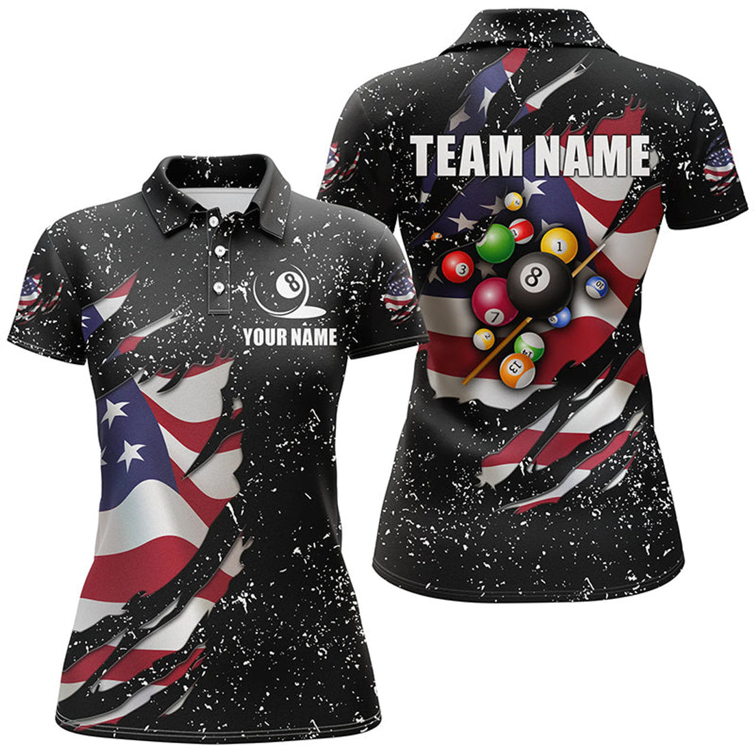 Custom Grunge US Flag 3D Billiard Balls Polo Shirts For Women Custom Patriotic Billiard Jerseys Attire