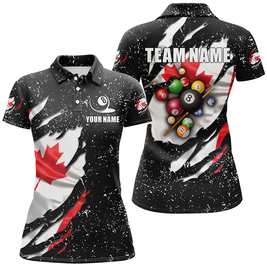 Custom Grunge Canada Flag 3D Billiard Balls Polo Shirts For Women Custom Patriotic Billiard Jerseys Attire