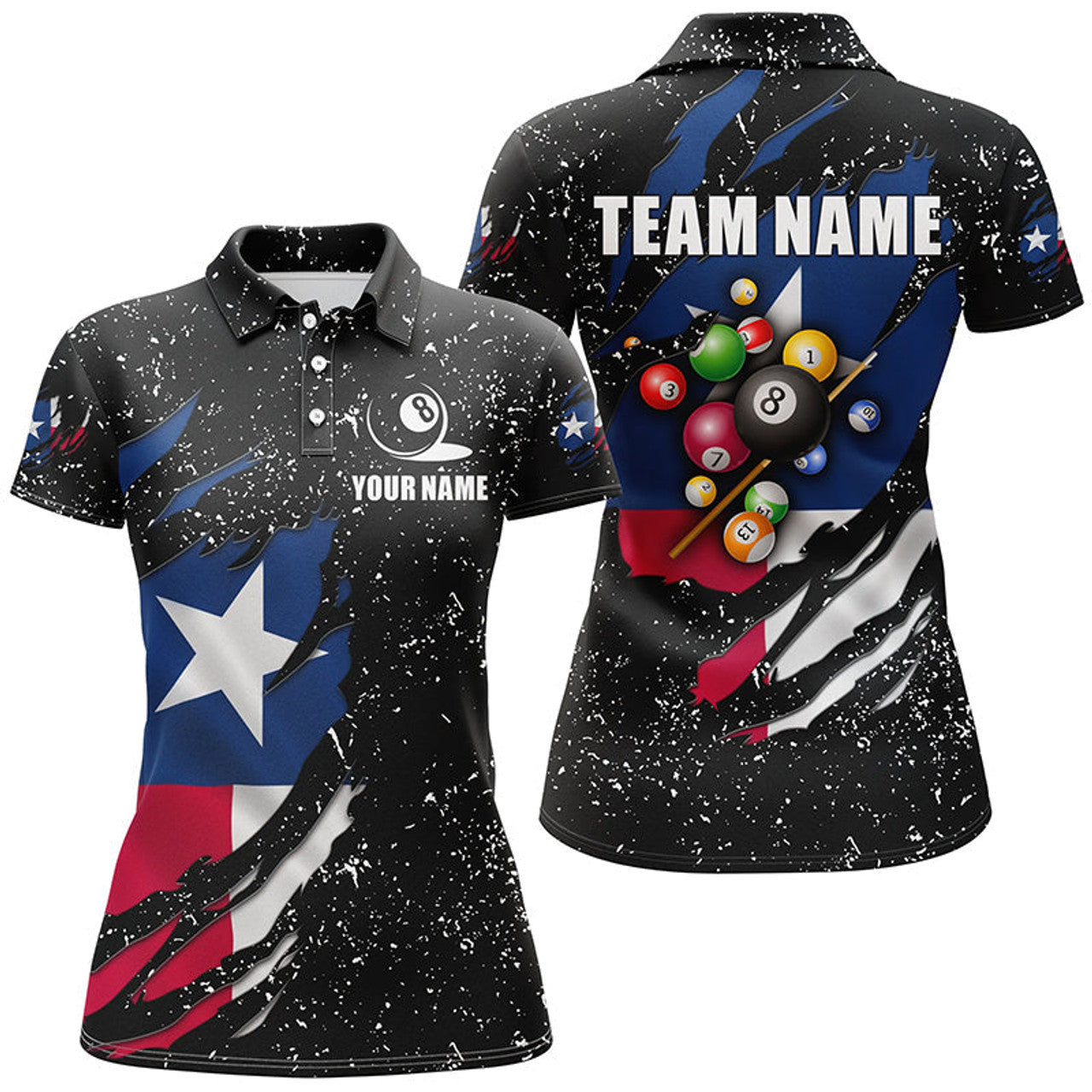 Custom Grunge Texas Flag 3D Billiard Balls Polo Shirts For Women Custom Patriotic Billiard Jerseys Attire