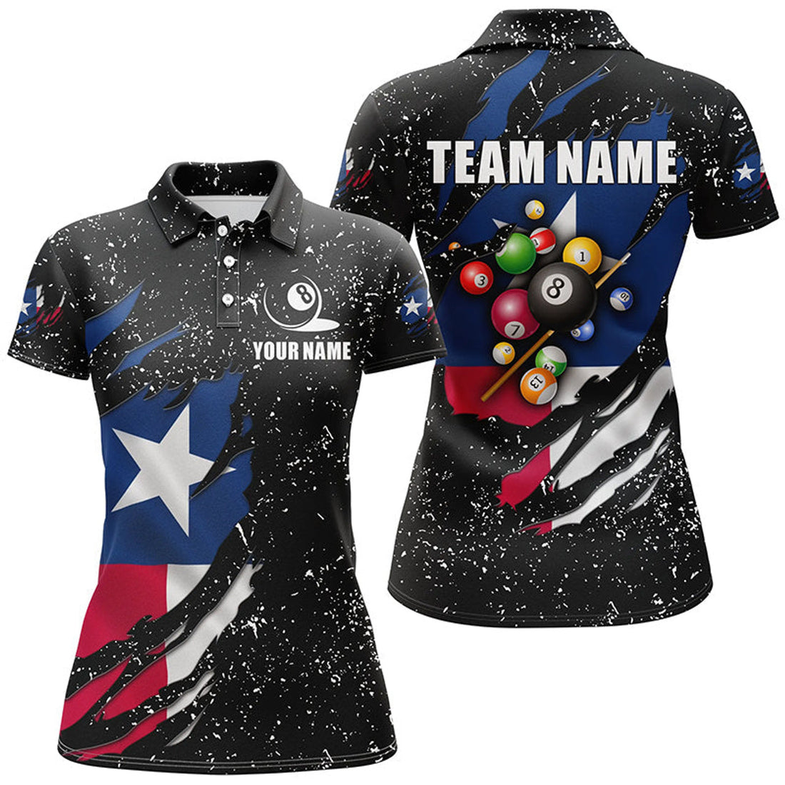 Custom Grunge Texas Flag 3D Billiard Balls Polo Shirts For Women Custom Patriotic Billiard Jerseys Attire