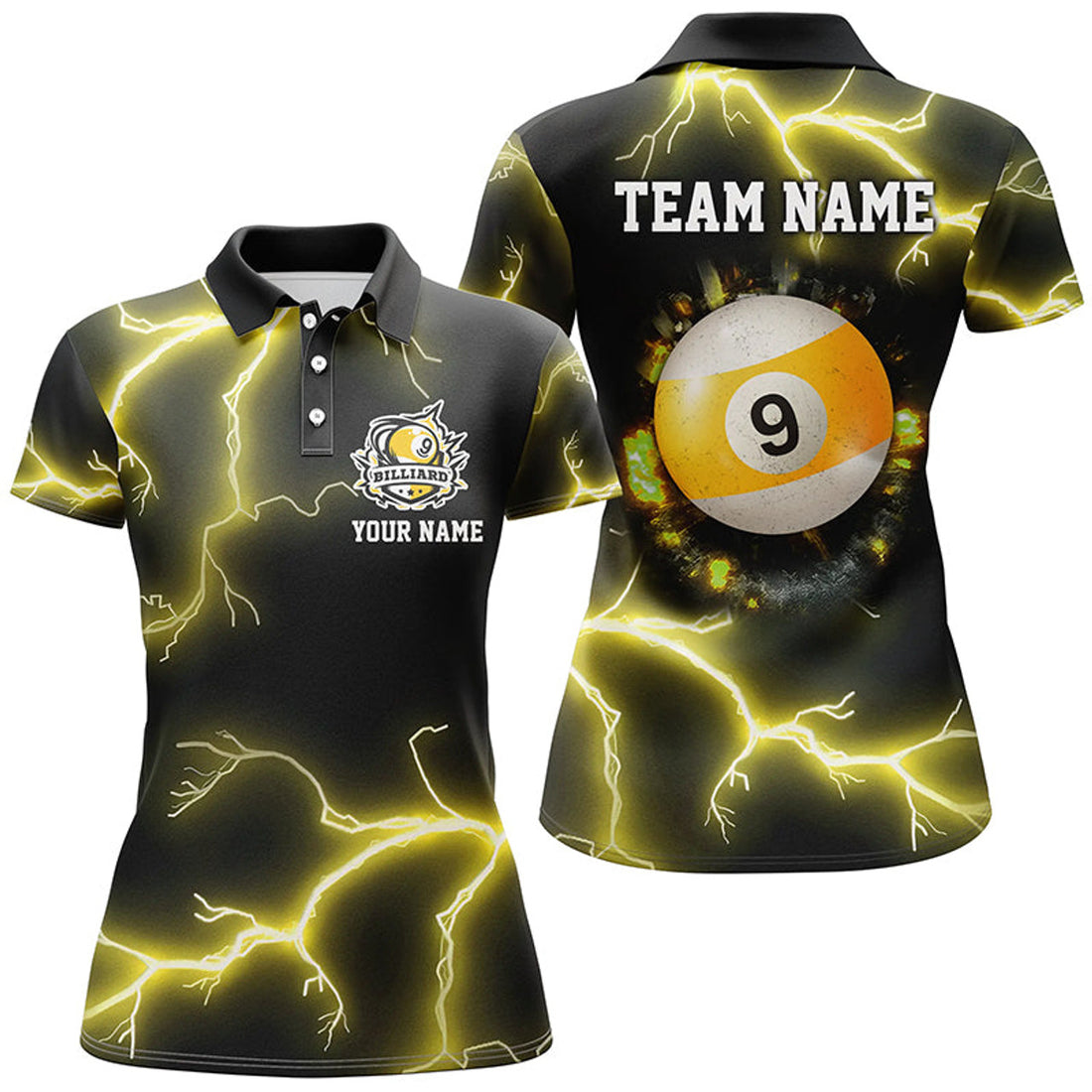 Custom Personalized Yellow 9 Ball Pool Thunder Lightning Women Polo Shirts Custom Billiards Team Shirts